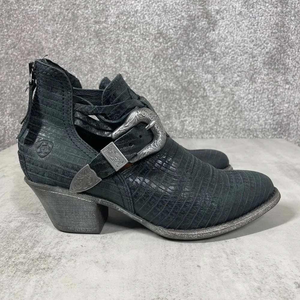 Ariat Booties Womens 7 Dixon Buckle Black Lizard Embossed Leather Cutout Ankle